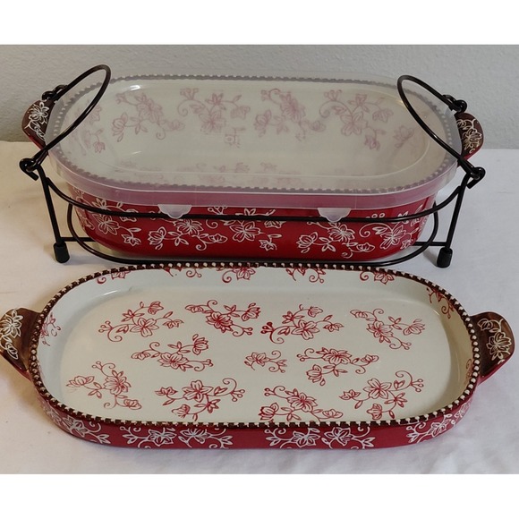 Temptations Other - Temp-tations by Tara Floral Lace 2 Qt Baking Dish Set w Lid Tray Rack Red Floral